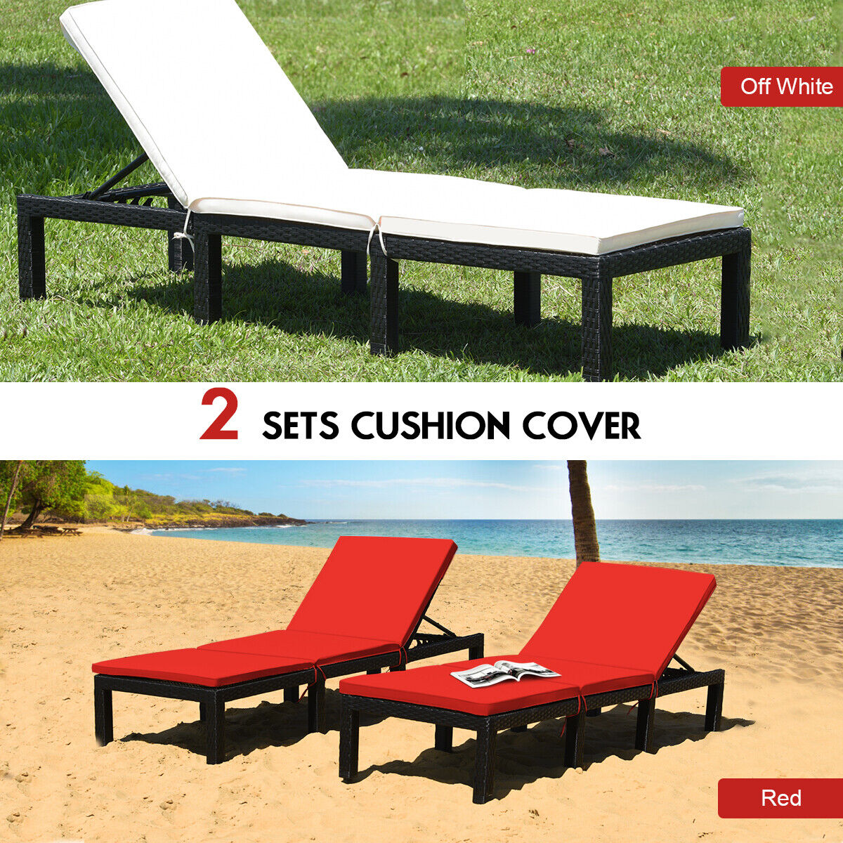 Patio Rattan Height Adjustable Lounge Chair with 2 Set of Cushion Cover-Red & Off White