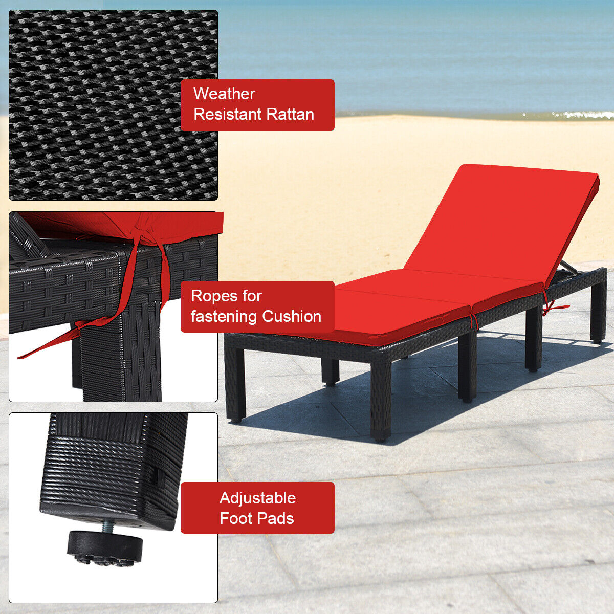 Patio Rattan Height Adjustable Lounge Chair with 2 Set of Cushion Cover-Red & Off White
