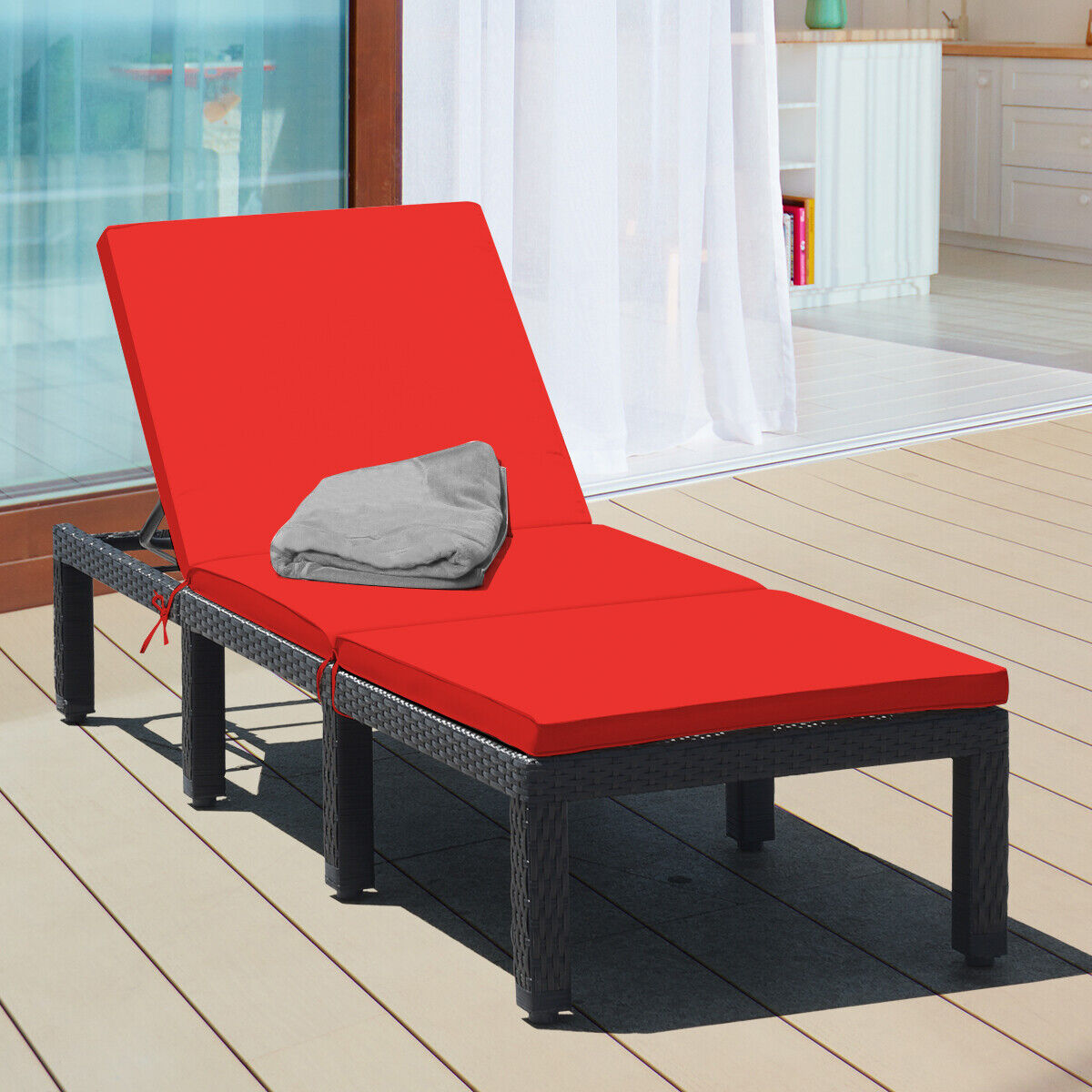 Patio Rattan Height Adjustable Lounge Chair with 2 Set of Cushion Cover-Red & Off White