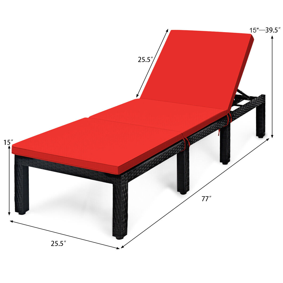 Patio Rattan Height Adjustable Lounge Chair with 2 Set of Cushion Cover-Red & Off White
