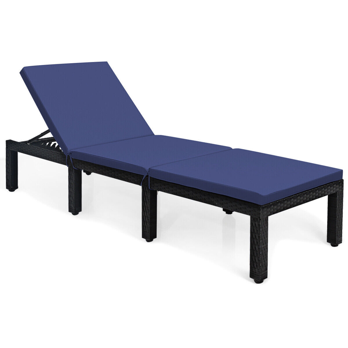 Patio Rattan Height Adjustable Lounge Chair with 2 Set of Cushion Cover-Navy & Off White