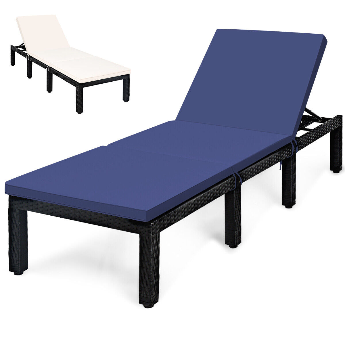 Patio Rattan Height Adjustable Lounge Chair with 2 Set of Cushion Cover-Navy & Off White