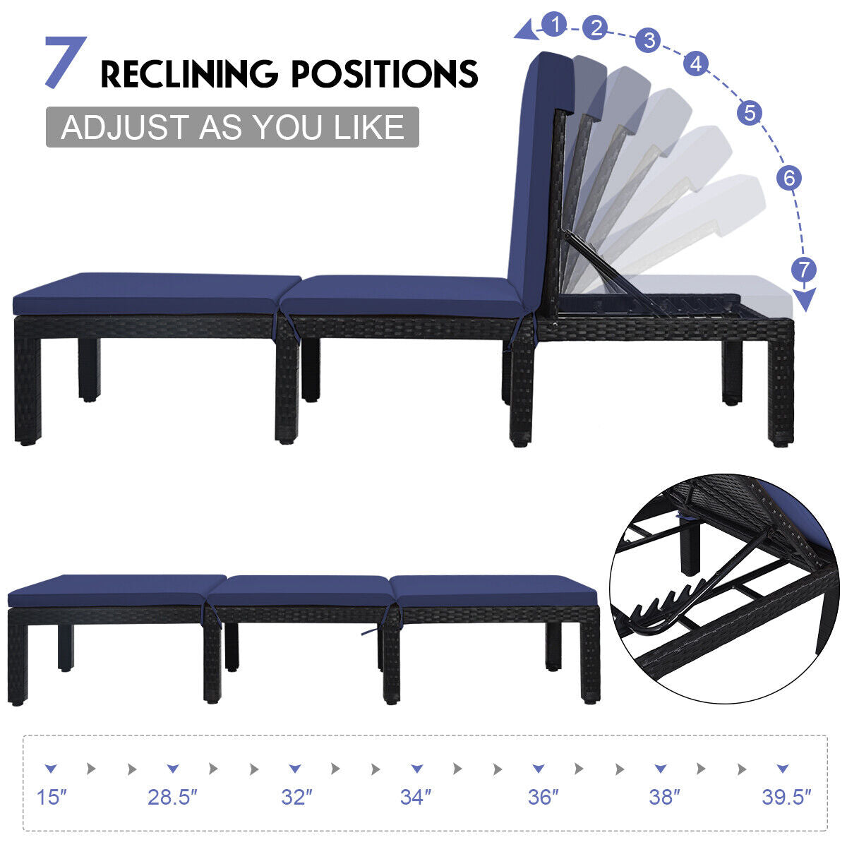 Patio Rattan Height Adjustable Lounge Chair with 2 Set of Cushion Cover-Navy & Off White