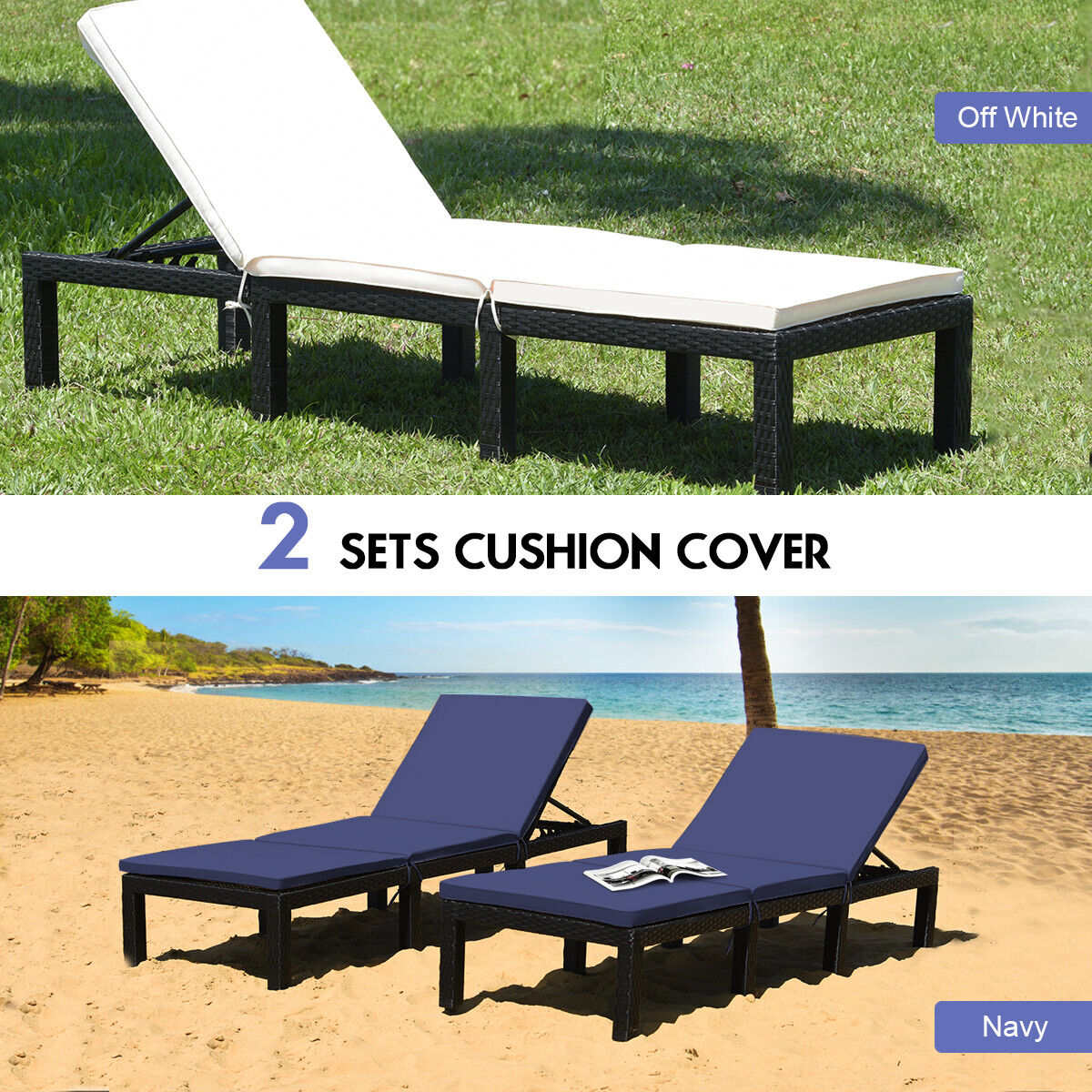 Patio Rattan Height Adjustable Lounge Chair with 2 Set of Cushion Cover-Navy & Off White