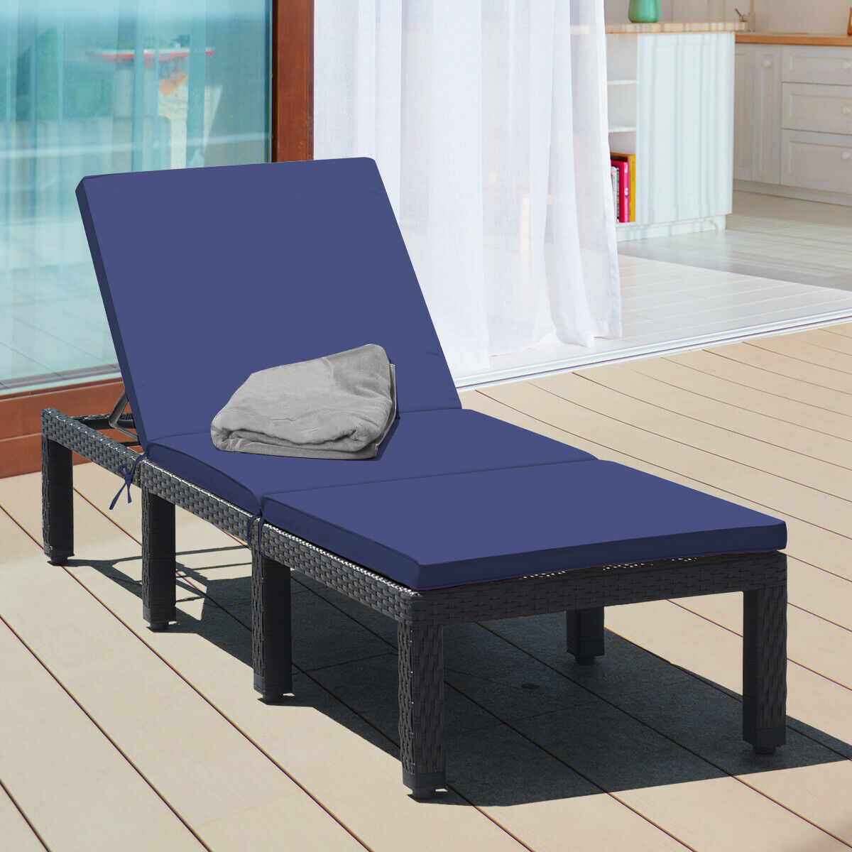 Patio Rattan Height Adjustable Lounge Chair with 2 Set of Cushion Cover-Navy & Off White