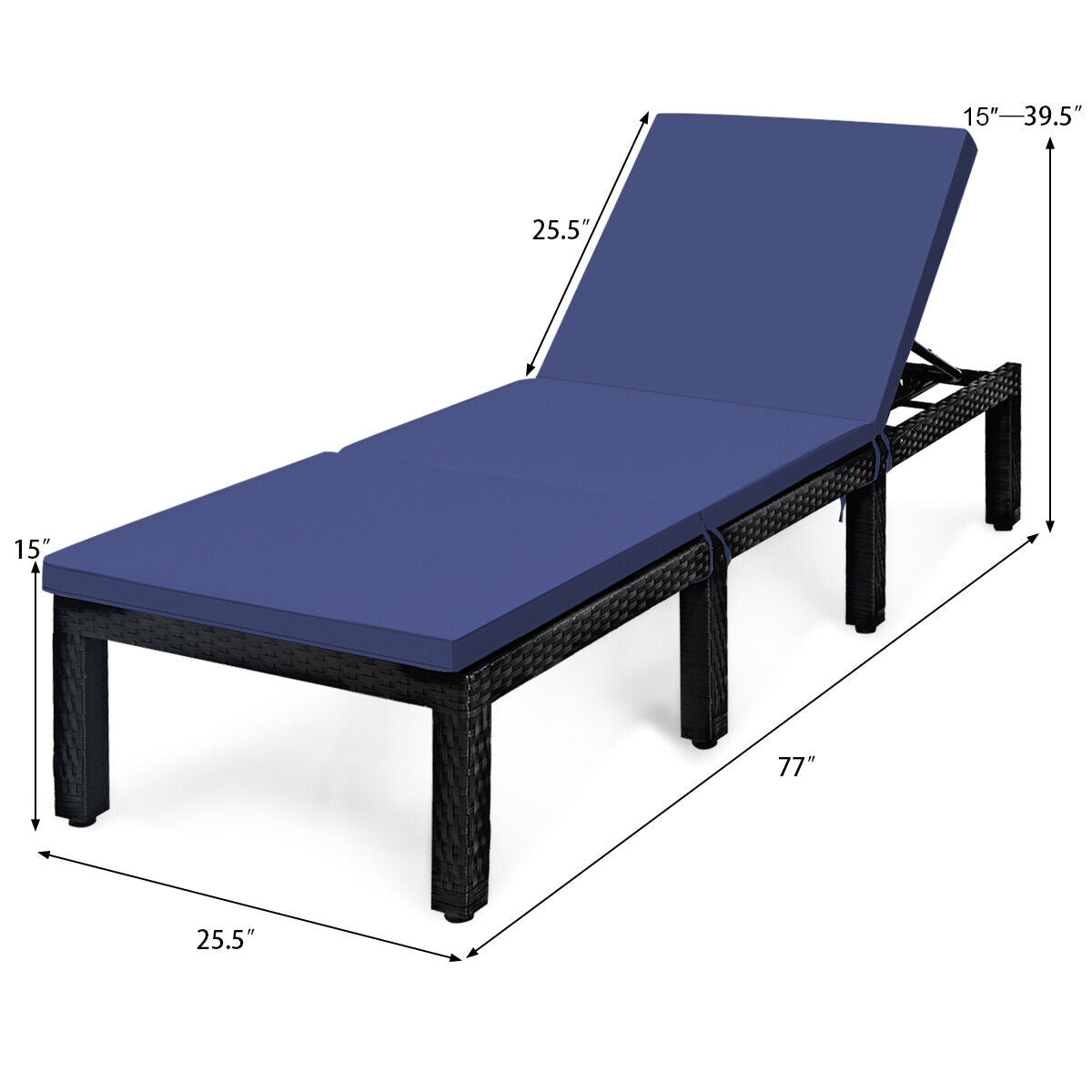 Patio Rattan Height Adjustable Lounge Chair with 2 Set of Cushion Cover-Navy & Off White