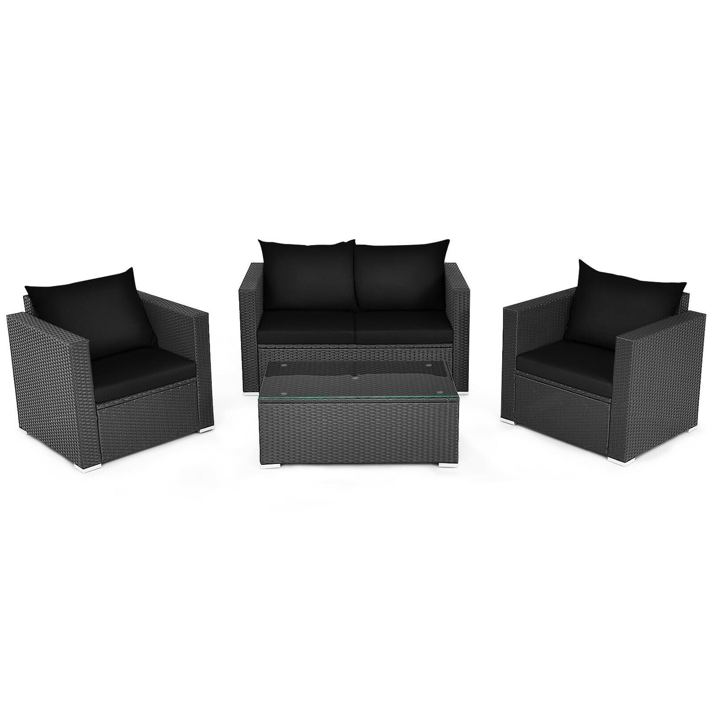 4 Pcs Patio Rattan Cushioned Furniture Set-Dark Black