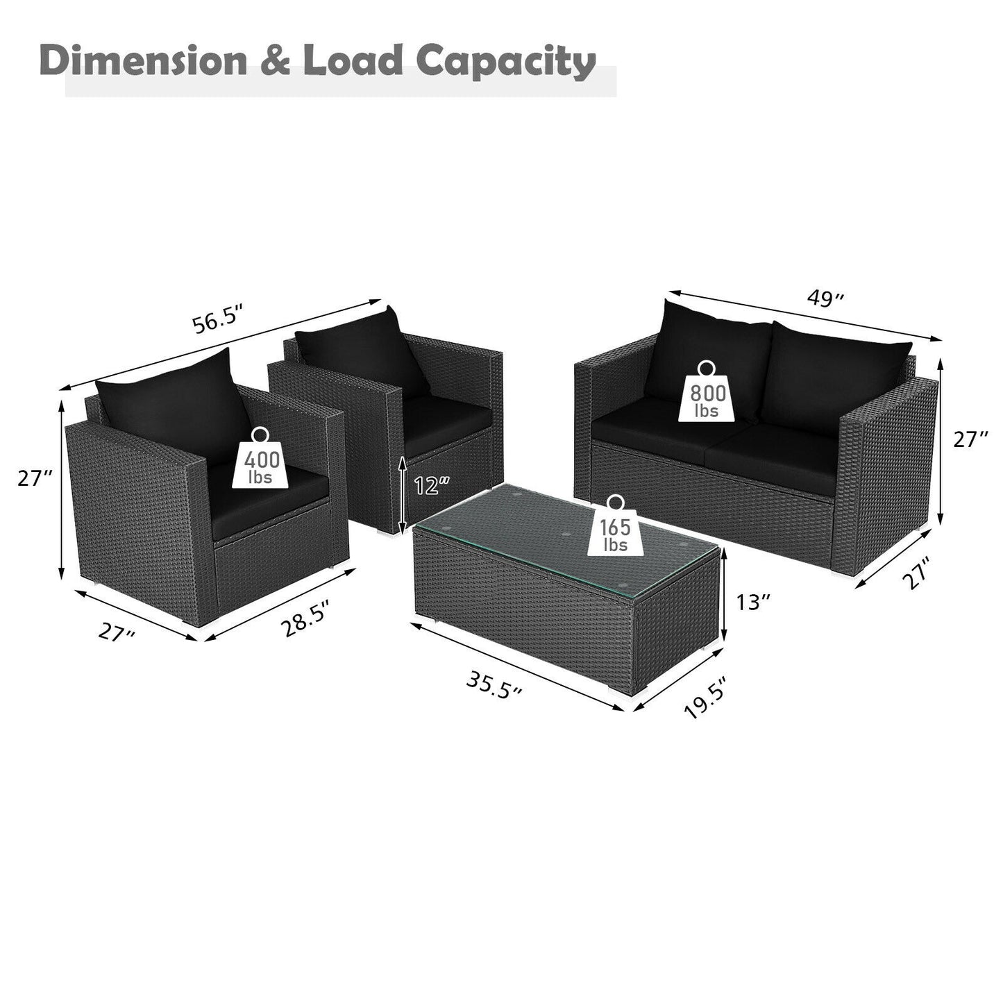 4 Pcs Patio Rattan Cushioned Furniture Set-Dark Black