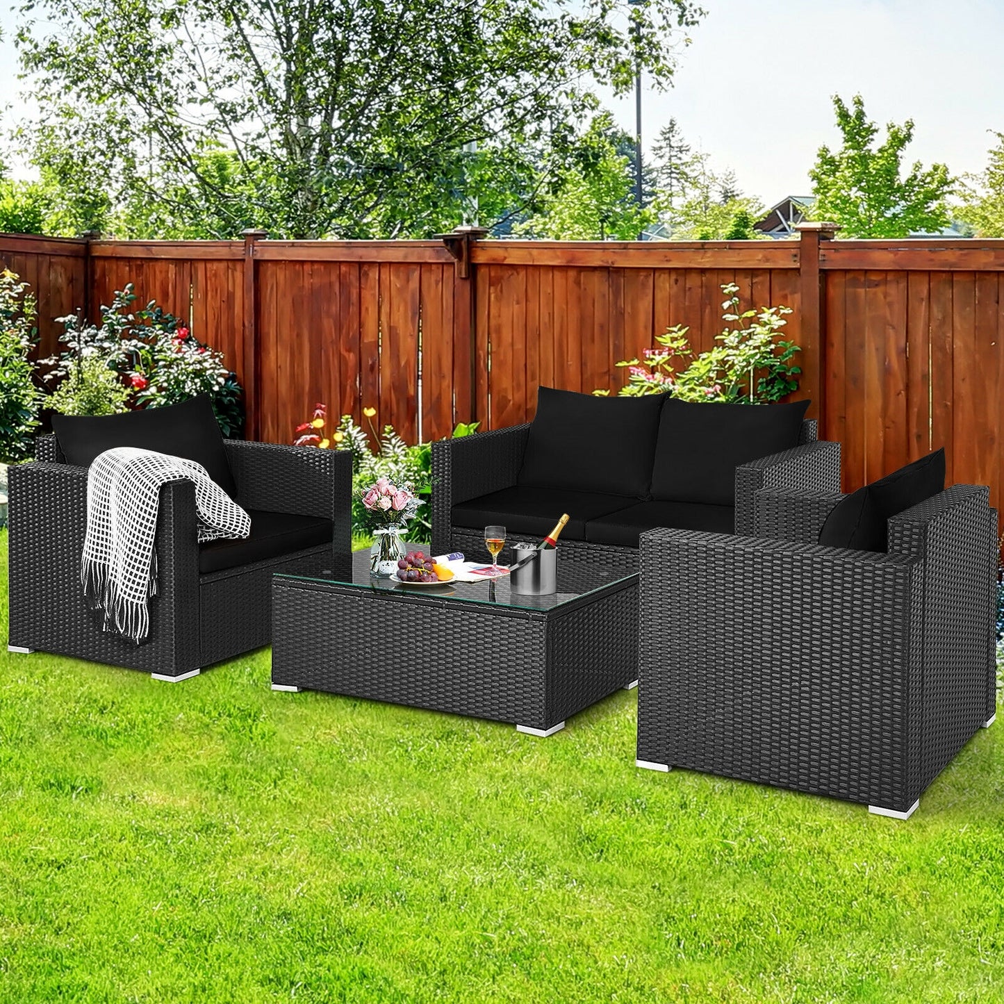 4 Pcs Patio Rattan Cushioned Furniture Set-Dark Black