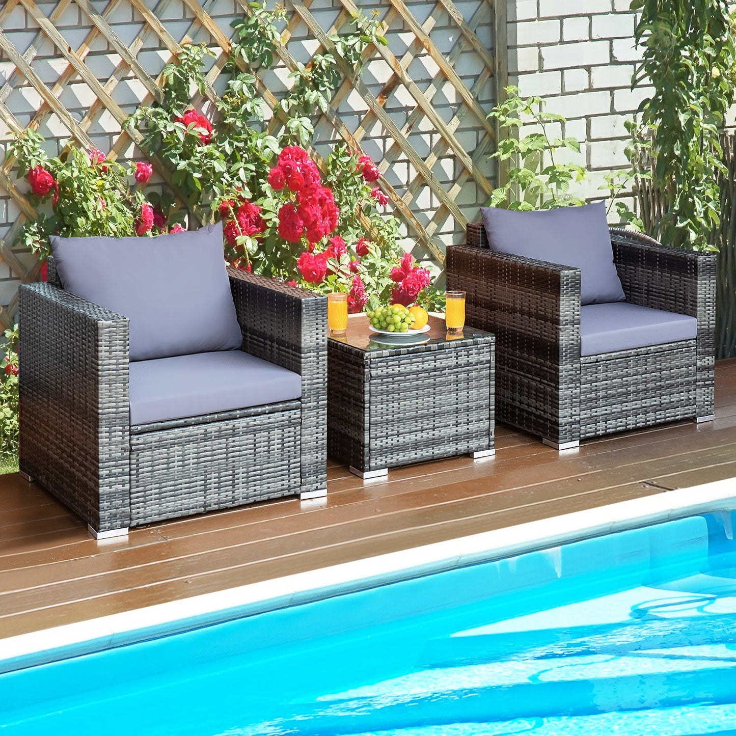 3 Pieces Patio Rattan Furniture Bistro Sofa Set with Cushioned-Gray