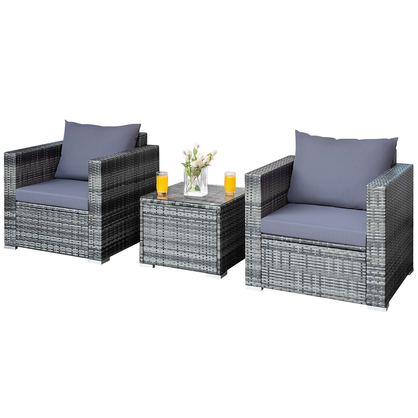 3 Pieces Patio Rattan Furniture Bistro Sofa Set with Cushioned-Gray