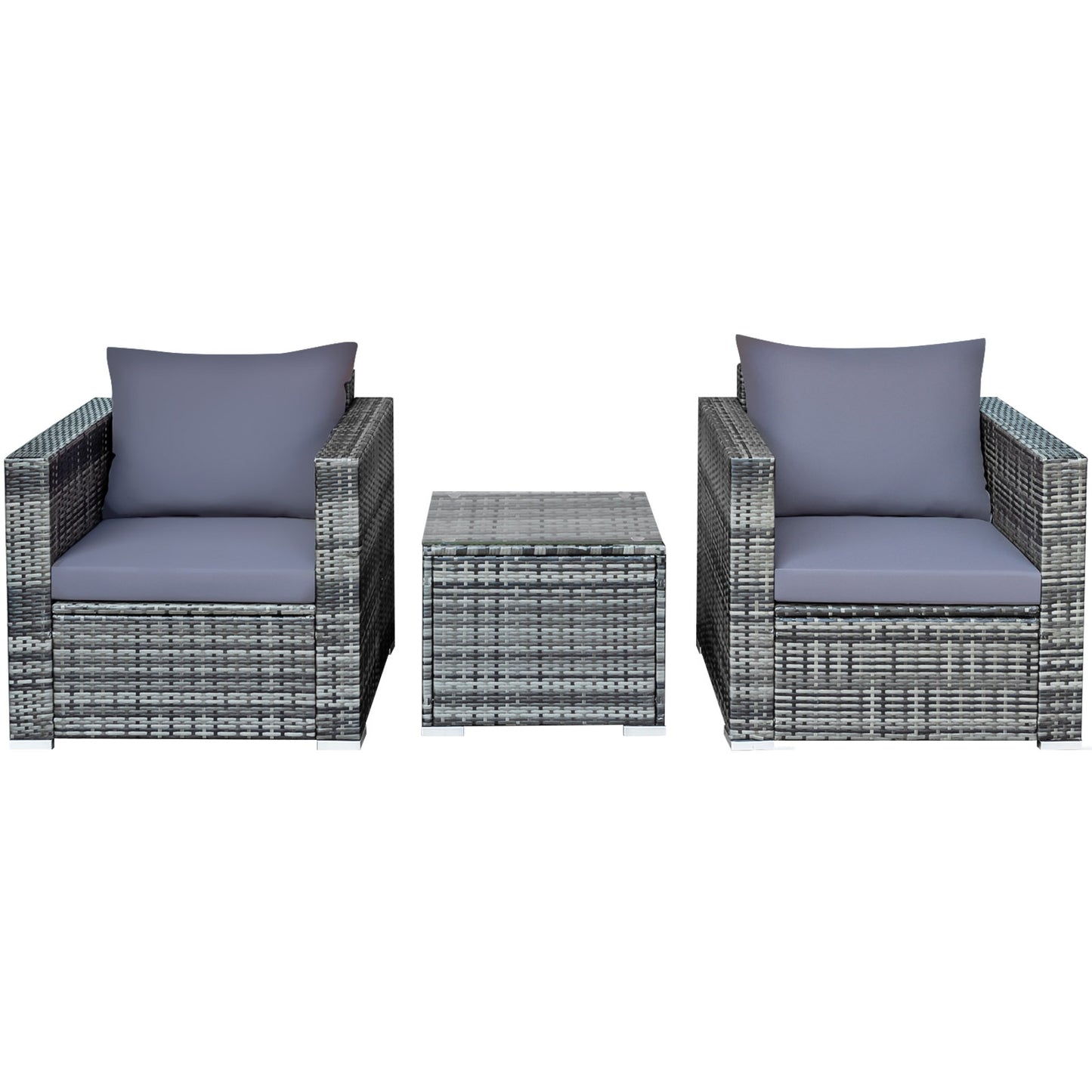3 Pieces Patio Rattan Furniture Bistro Sofa Set with Cushioned-Gray