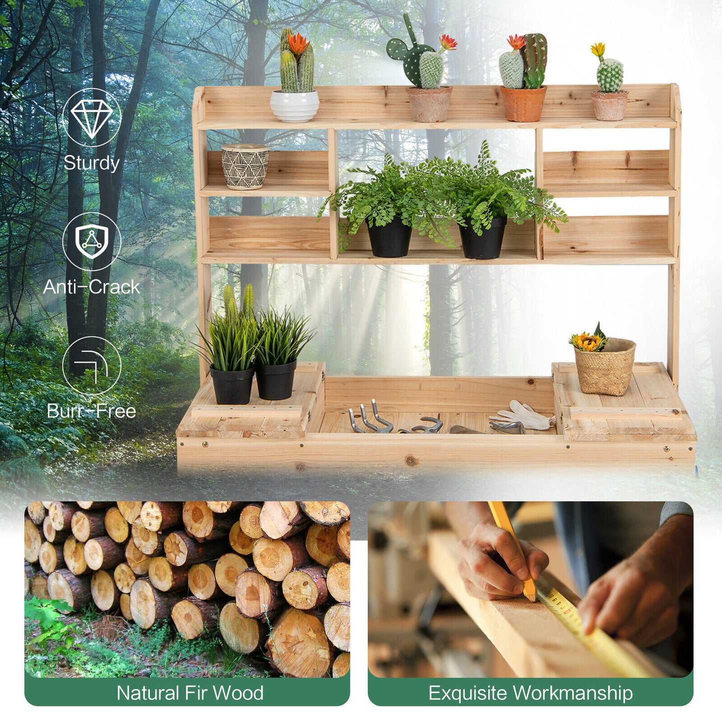 Large Garden Potting Bench Table with Display Rack and Hidden Sink-Natural