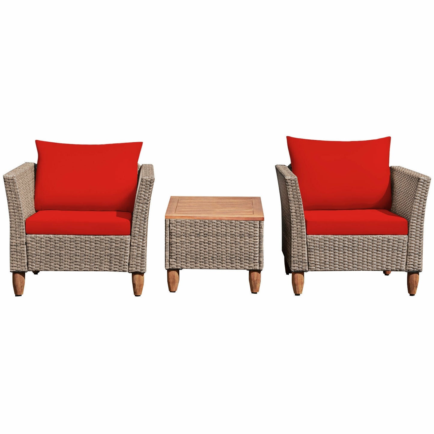 3 Pieces Patio Rattan Furniture Set with Washable Cushion for Yard Porch-Red