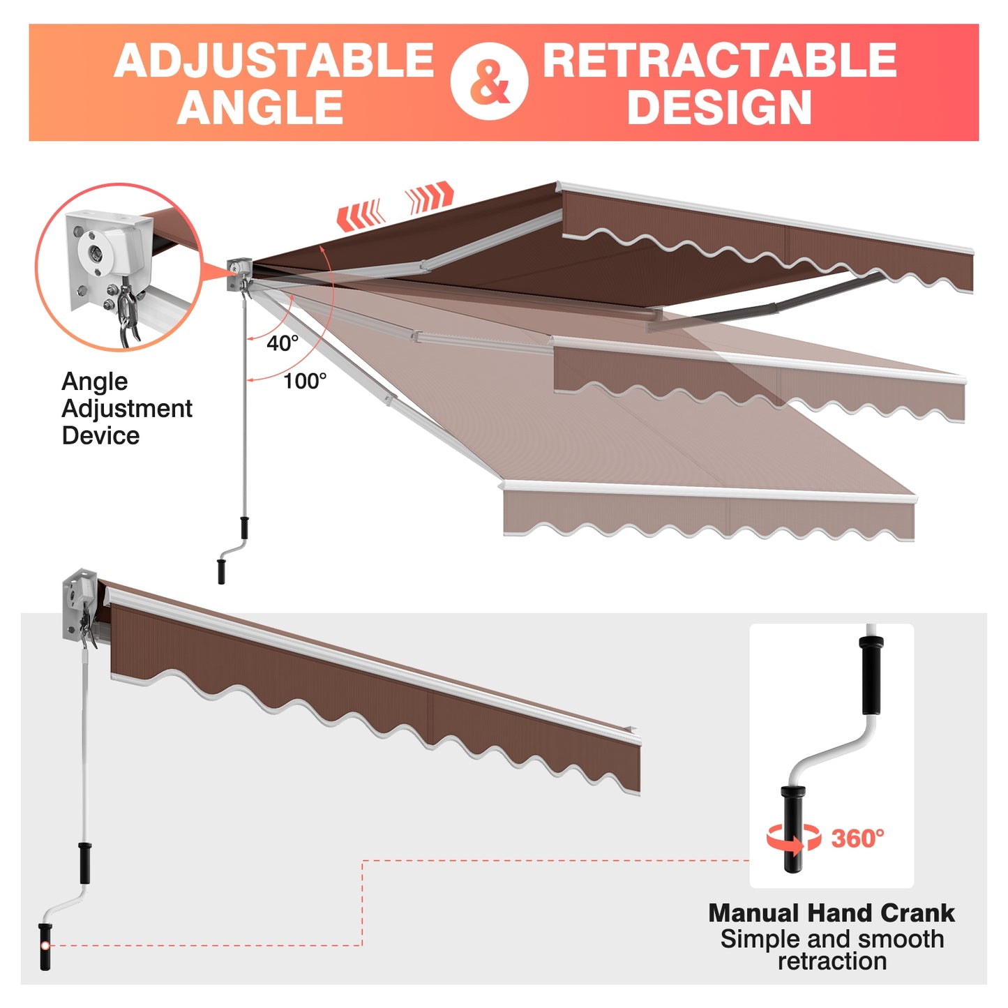 10 x 8.2 Feet Retractable Awning with Easy Opening Manual Crank Handle-Brown