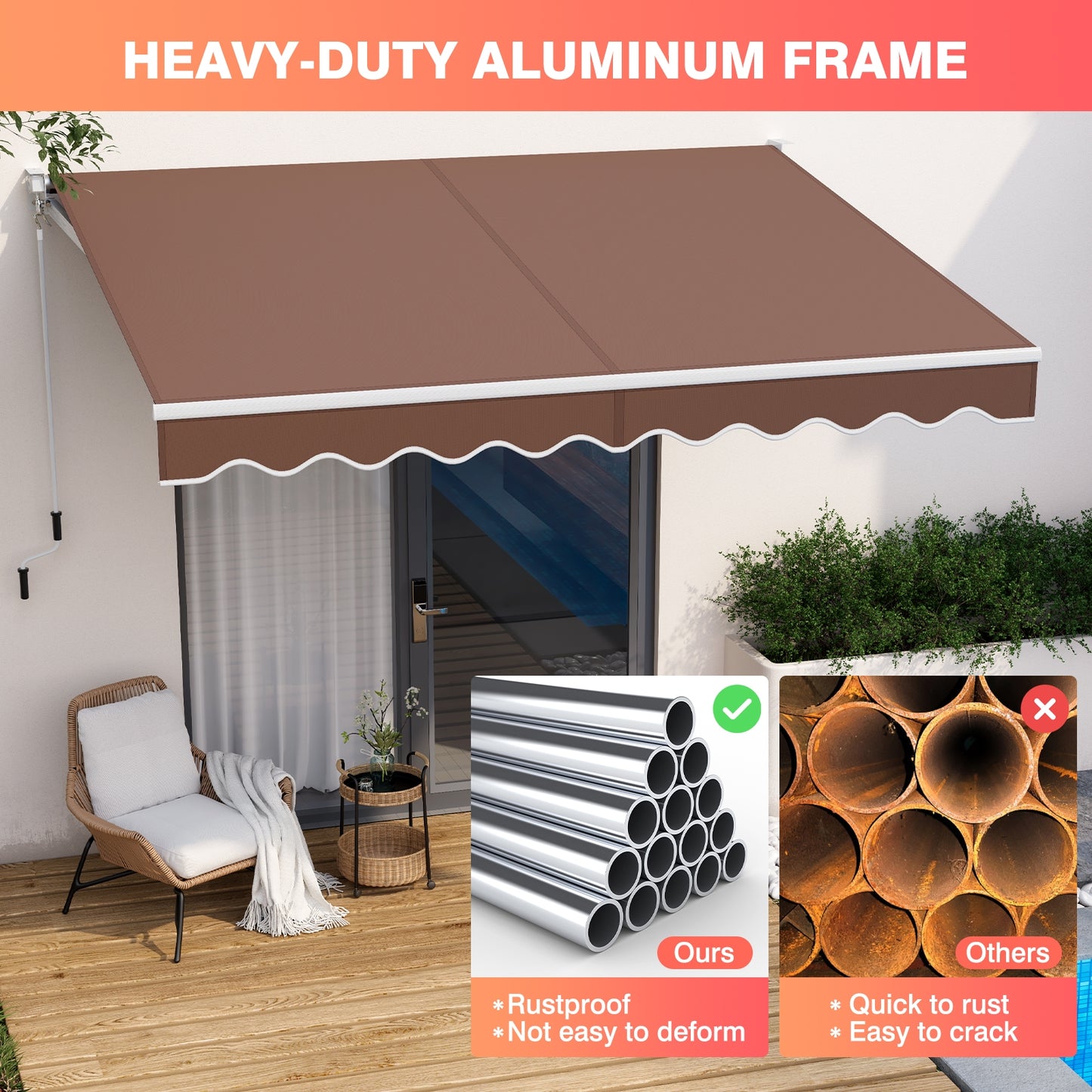 10 x 8.2 Feet Retractable Awning with Easy Opening Manual Crank Handle-Brown