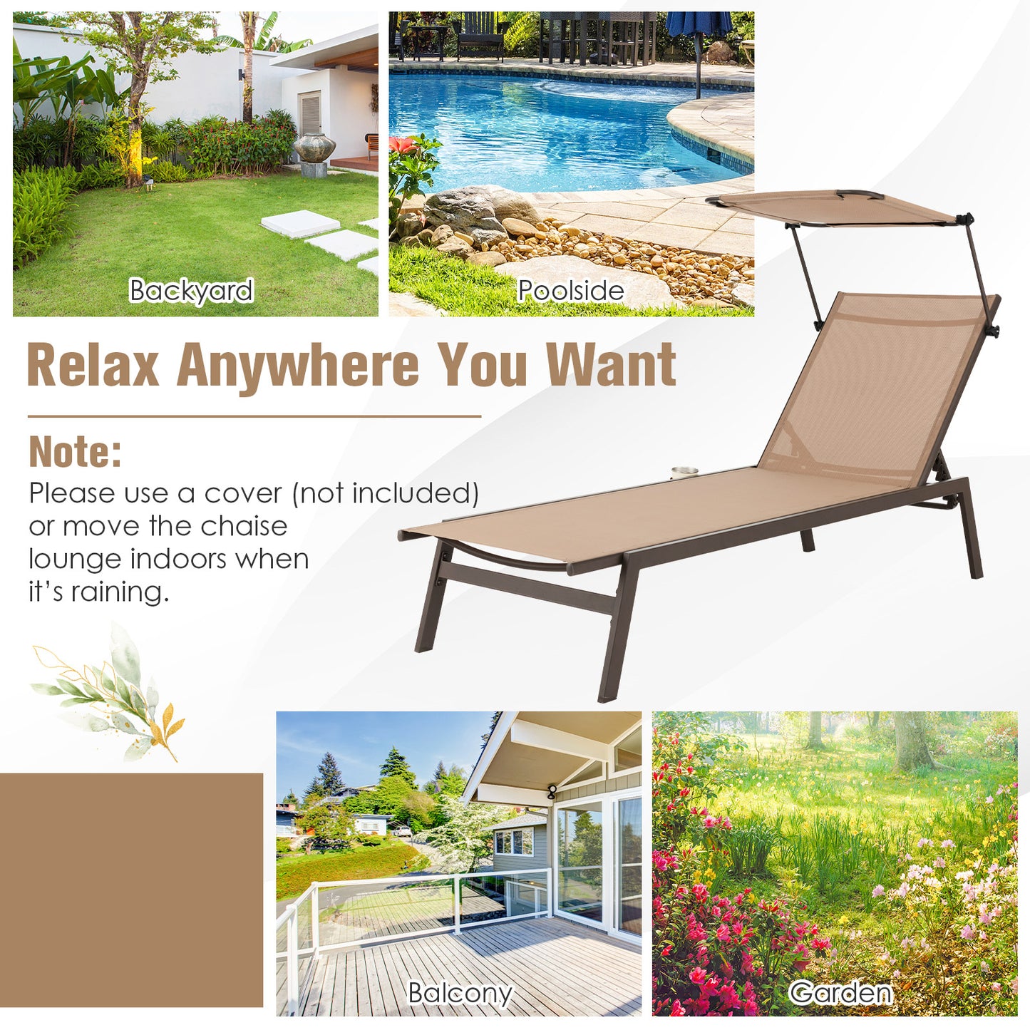 Outdoor Chaise Lounge Chair with Sunshade and 6 Adjustable Position-Brown
