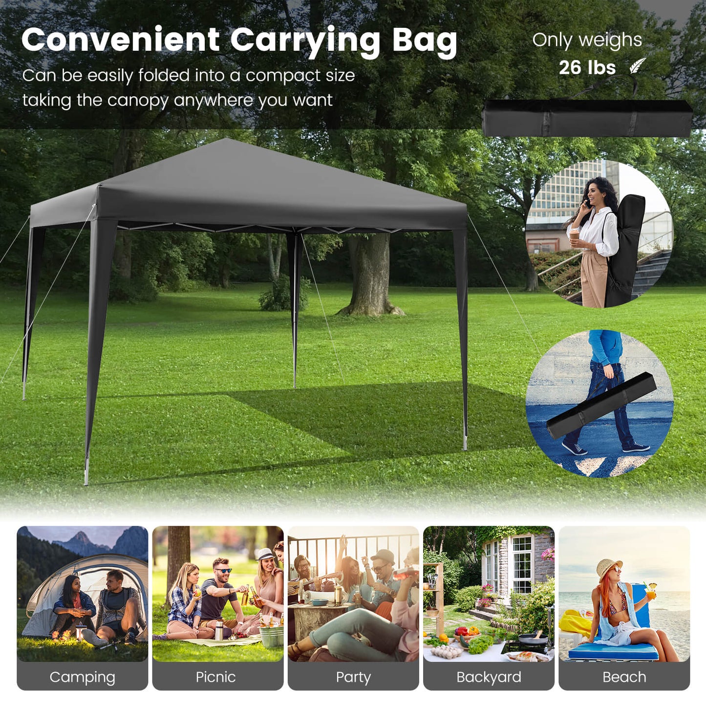 10 x 10 Feet Outdoor Pop-up Patio Canopy for  Beach and Camp-Gray