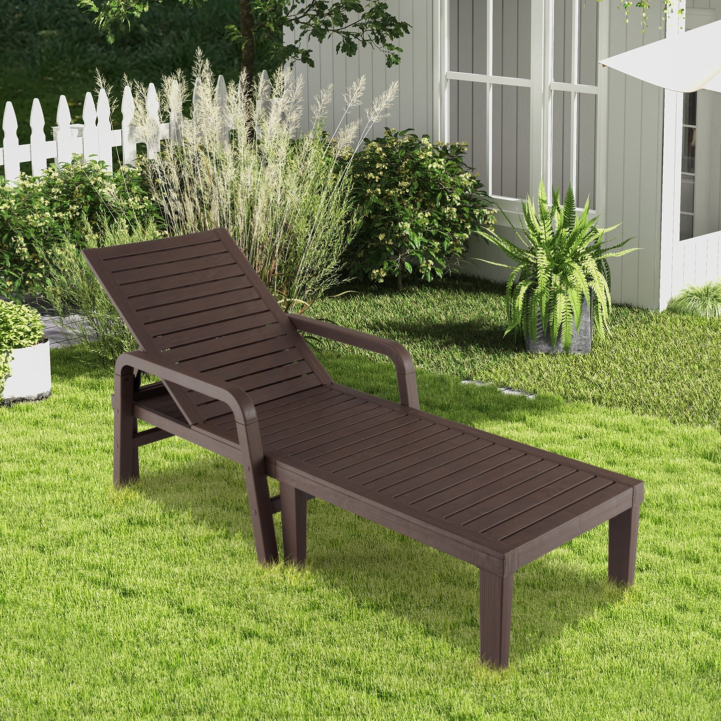 Patio PP Chaise Lounge Chair with 4-Position Adjustable Backrest-Coffee