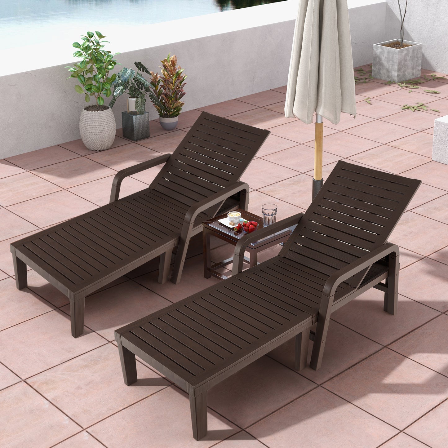 Patio PP Chaise Lounge Chair with 4-Position Adjustable Backrest-Coffee