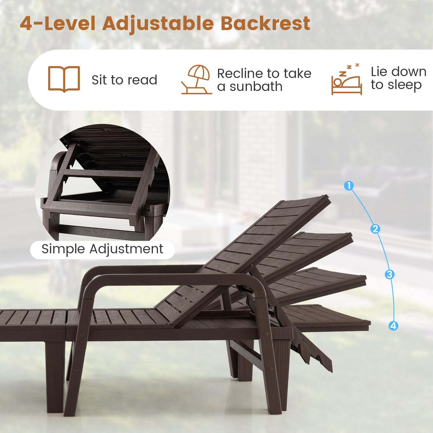 Patio PP Chaise Lounge Chair with 4-Position Adjustable Backrest-Coffee