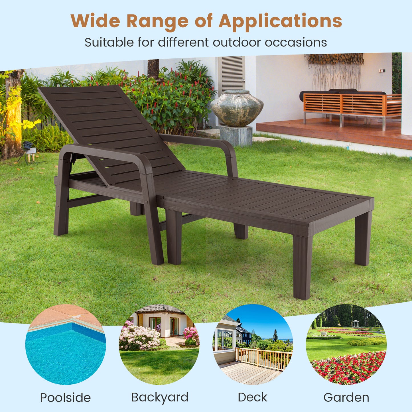 Patio PP Chaise Lounge Chair with 4-Position Adjustable Backrest-Coffee