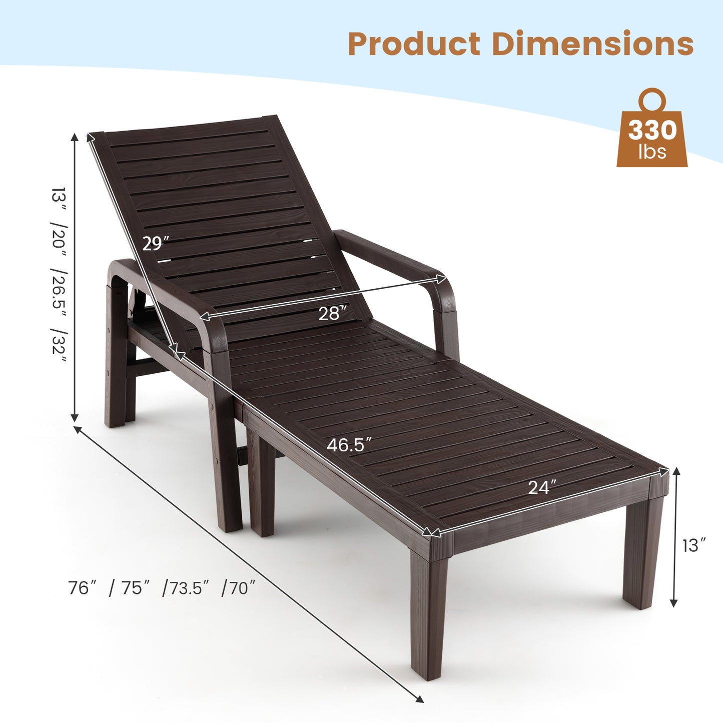 Patio PP Chaise Lounge Chair with 4-Position Adjustable Backrest-Coffee