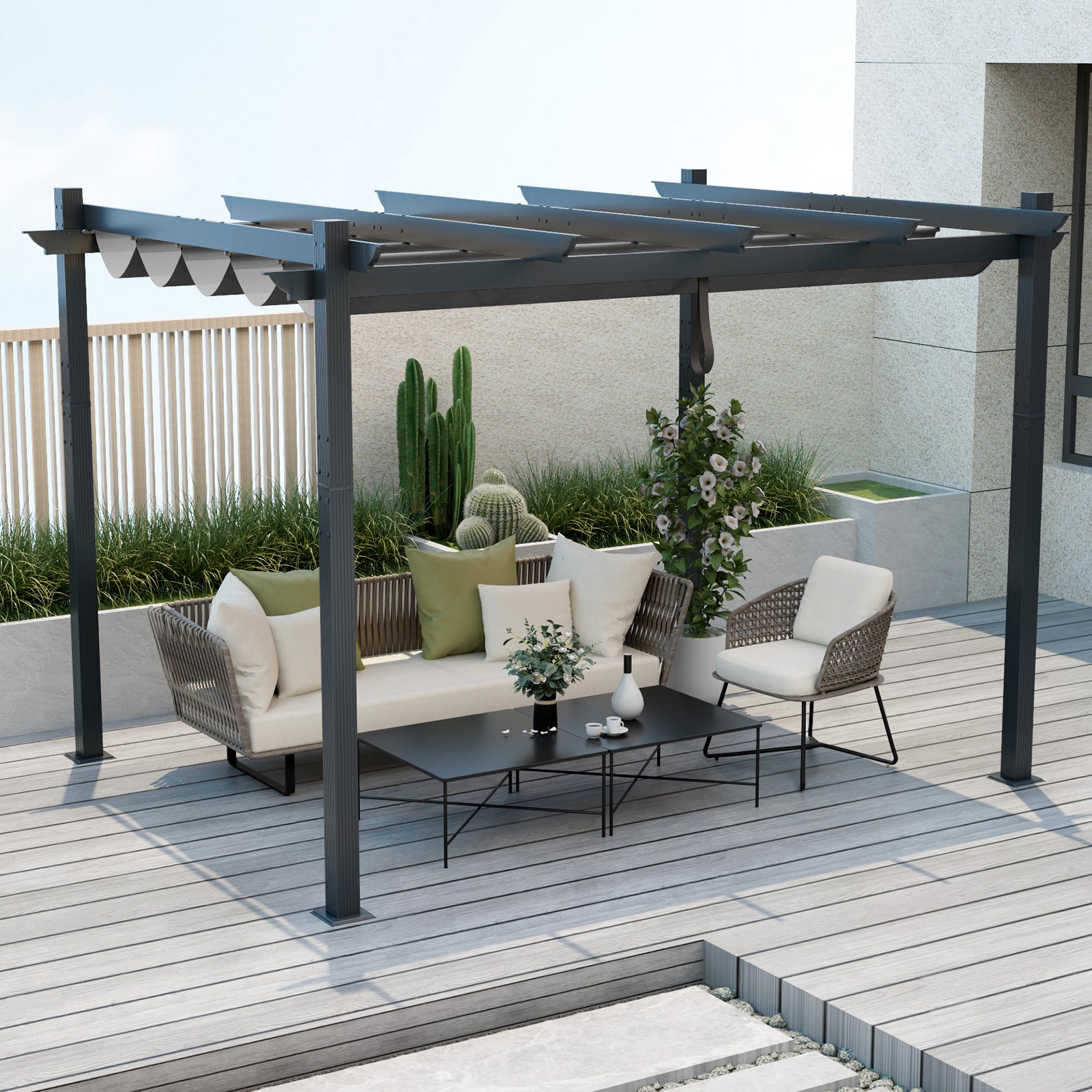 A gray aluminum retractable pergola canopy with a trellis design, set over a patio area with outdoor furniture including a sofa and chairs.