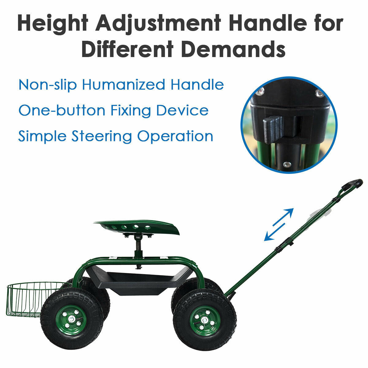 Heavy Duty Garden Cart with Tool Tray and 360 Swivel Seat-Green