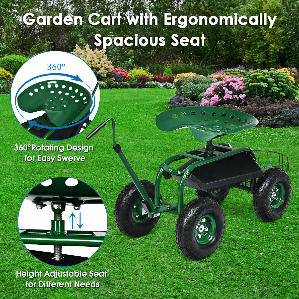 Extendable Handle Garden Cart Rolling Wagon Scooter-Green