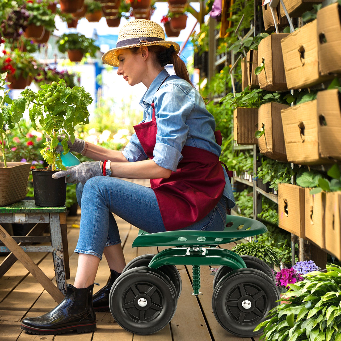 Garden Rolling Workseat with 360°Swivel Seat and Adjustable Height-Green