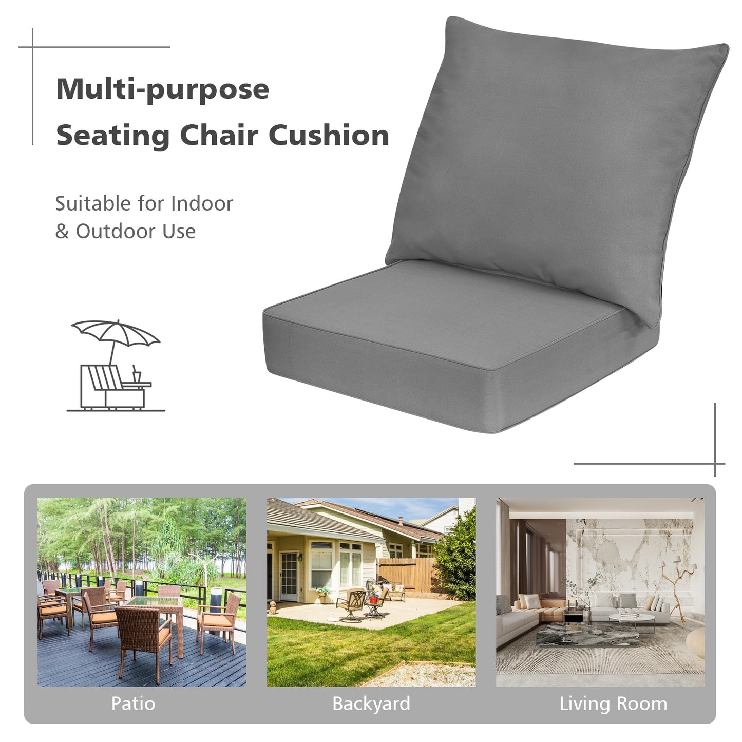 Deep Seat Chair Cushion Pads Set with Rope Belts for Indoor and Outdoor-Gray