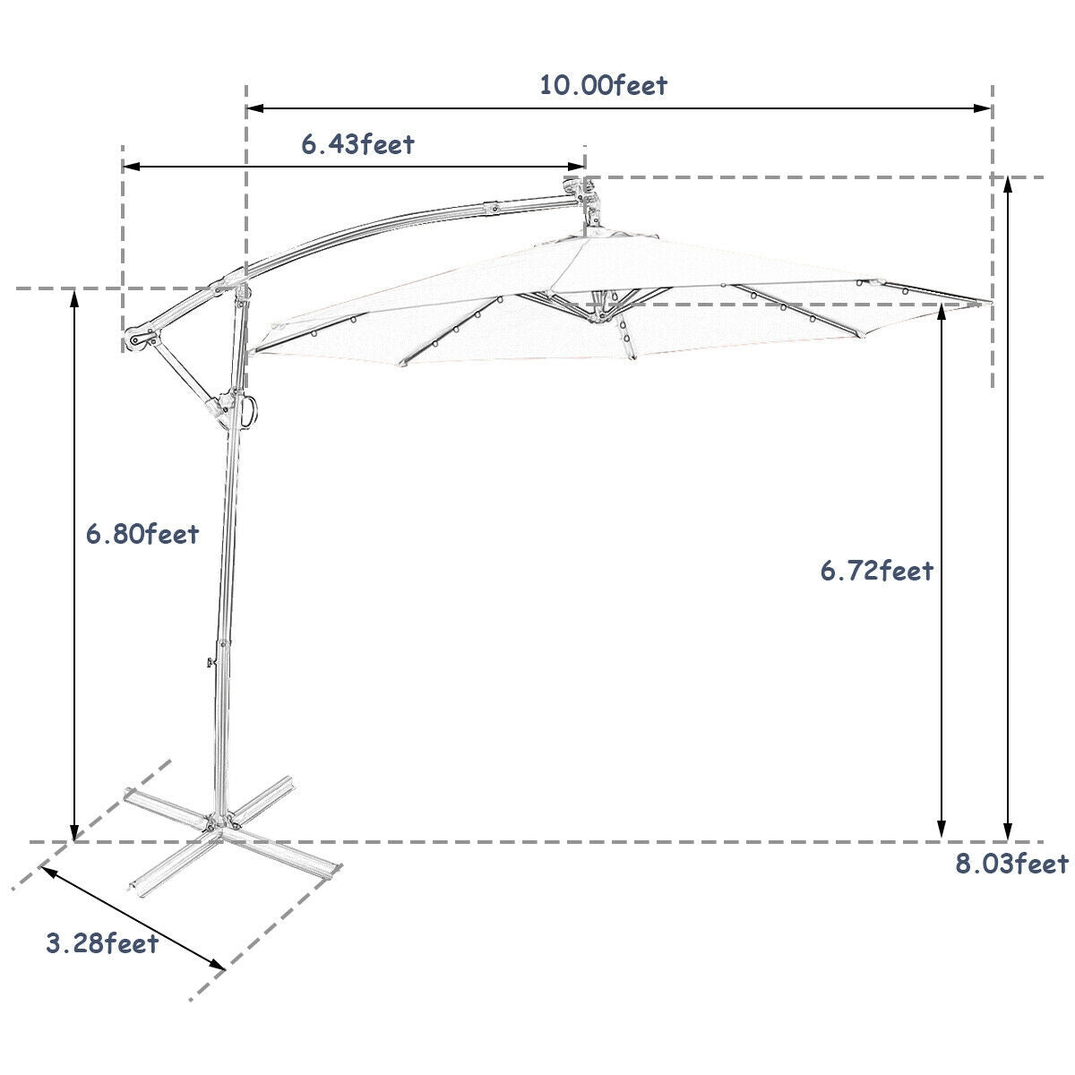 10 FT 360° Rotation Solar Powered LED Patio Offset Umbrella without Weight Base-Navy