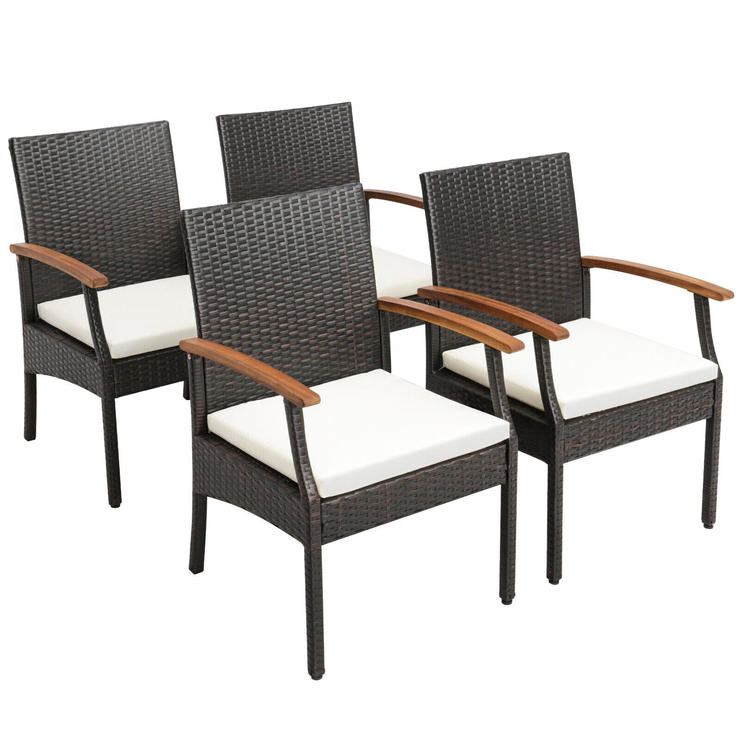 7 Pieces Patio Wicker Cushioned Dining Set with Wood Armrest and Umbrella Hole
