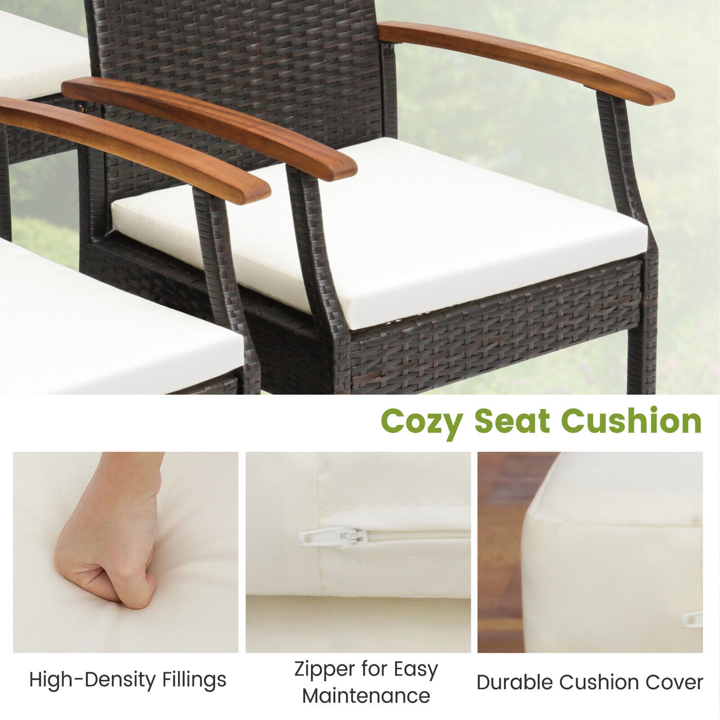 7 Pieces Patio Wicker Cushioned Dining Set with Wood Armrest and Umbrella Hole