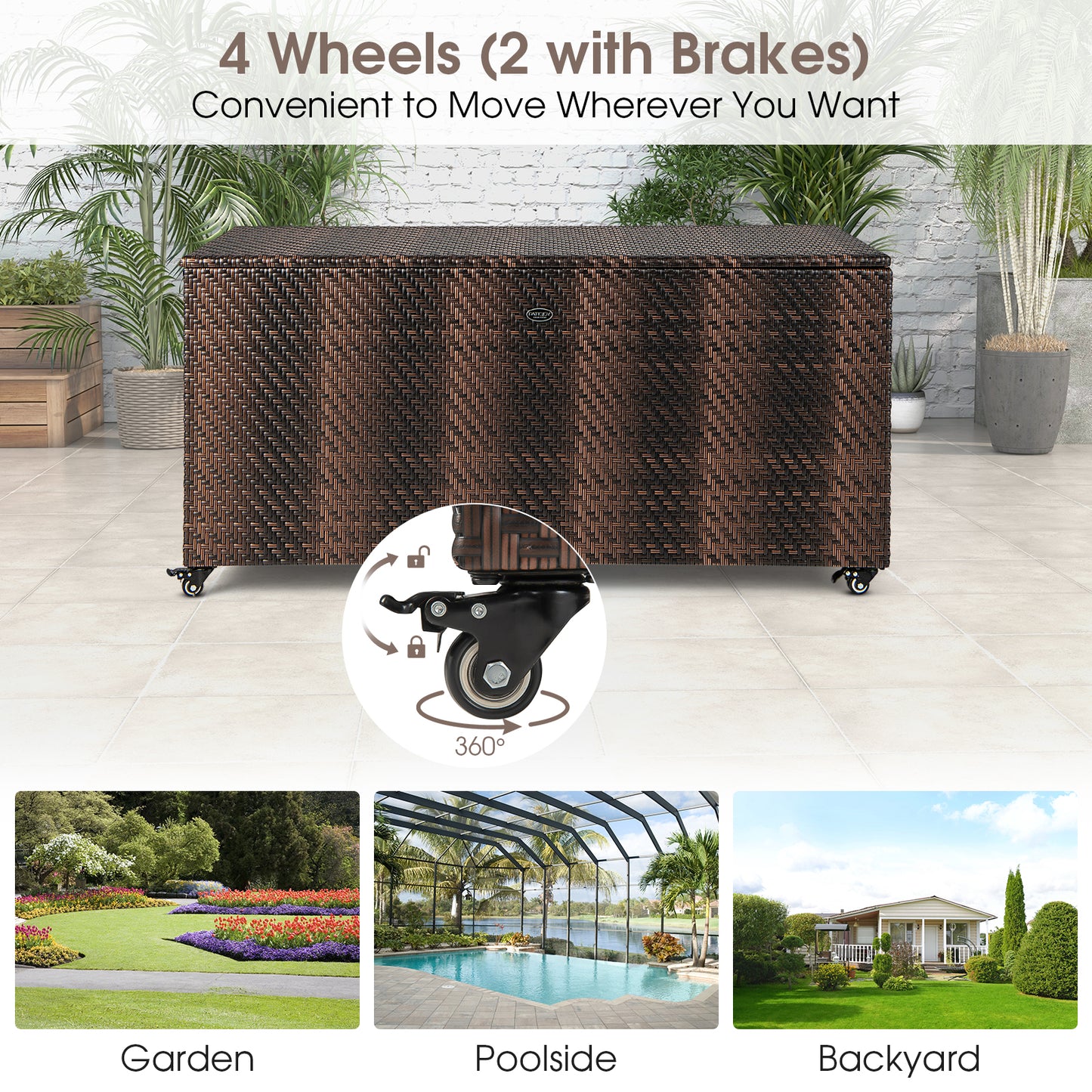 96 Gallon PE Wicker Outdoor Storage Box with 4 Wheels-Brown