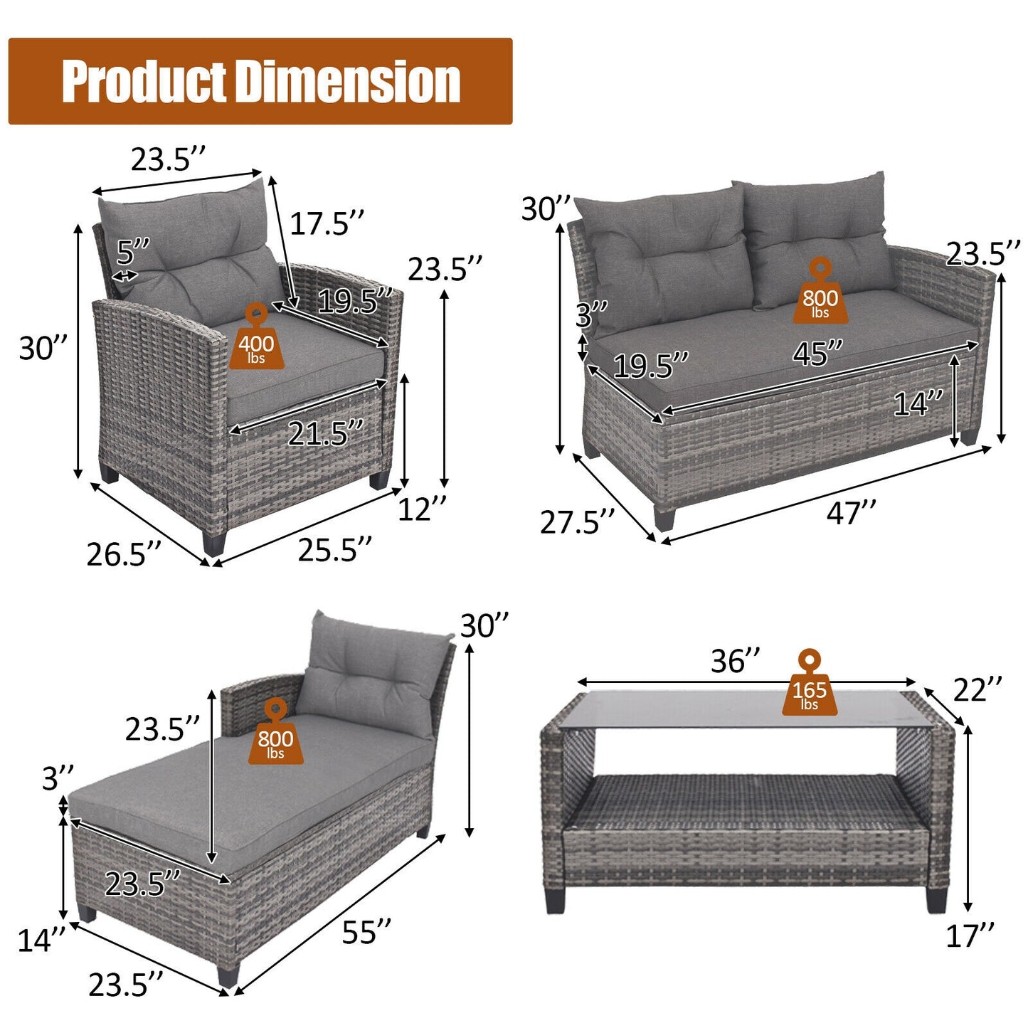 4 Pieces Patio Rattan Furniture Set with Cushion-Gray