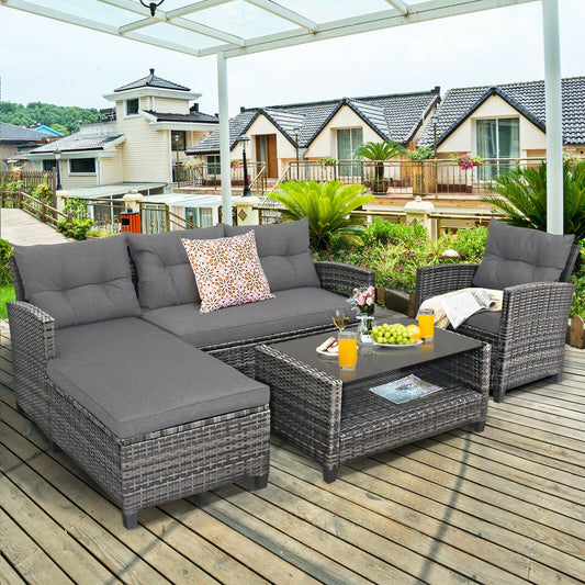 4 Pieces Patio Rattan Furniture Set with Cushion-Gray