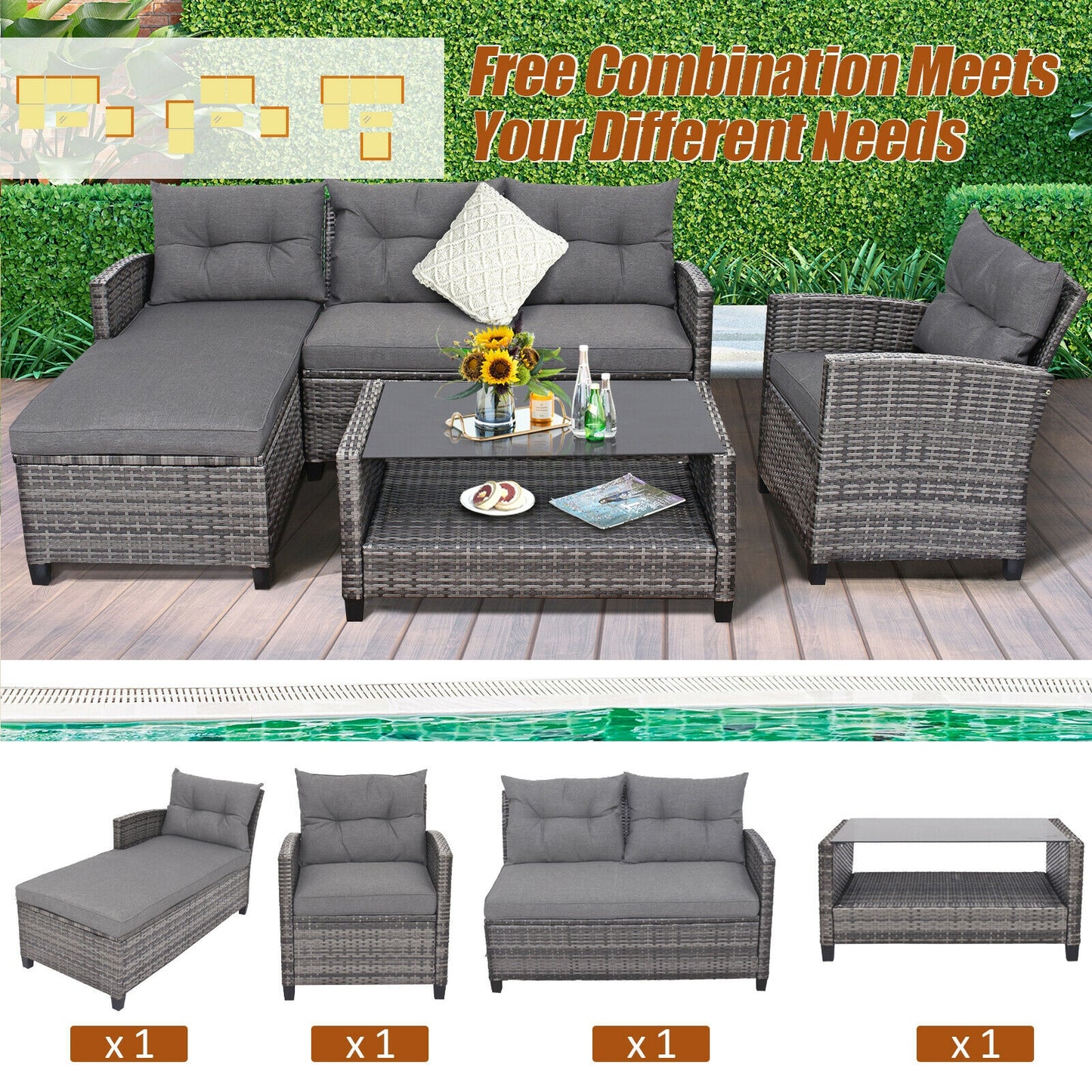 4 Pieces Patio Rattan Furniture Set with Cushion-Gray