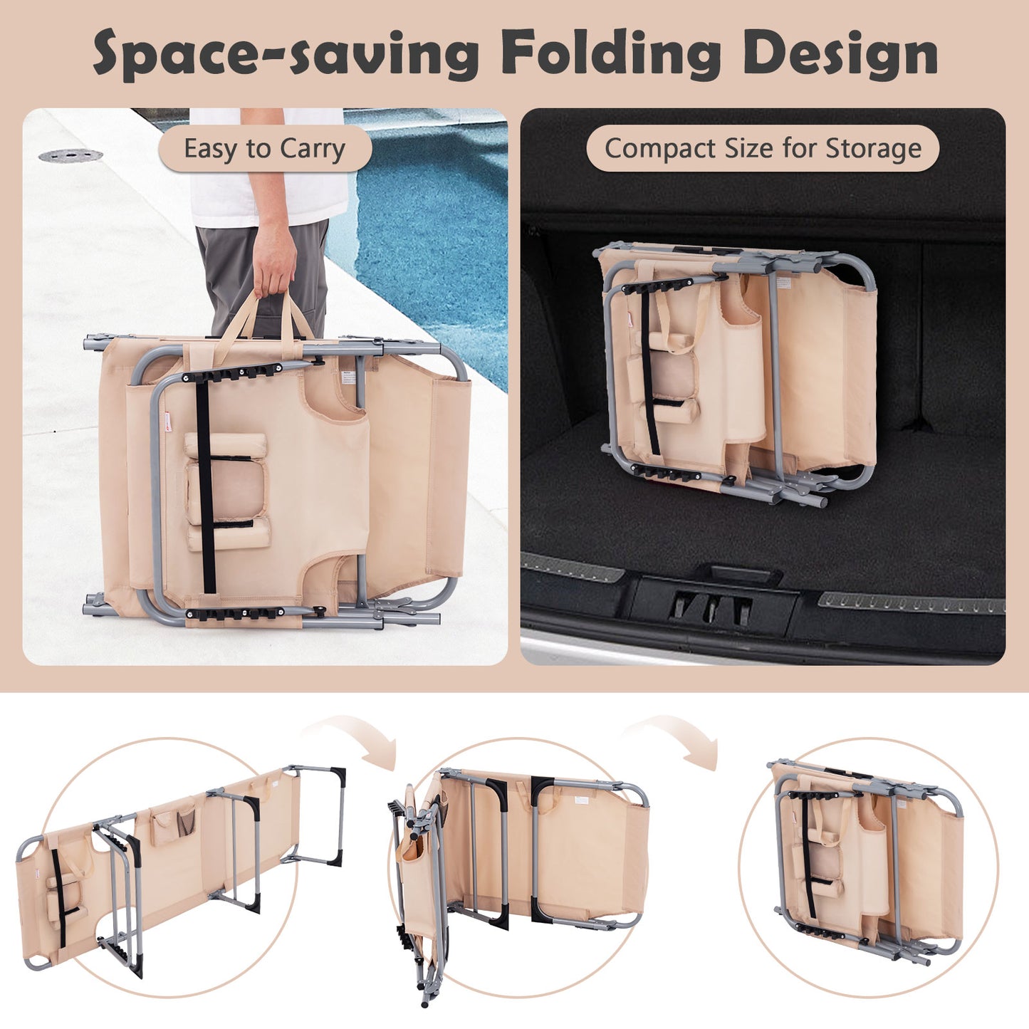 Folding Beach Lounge Chair with Pillow for Outdoor-Beige