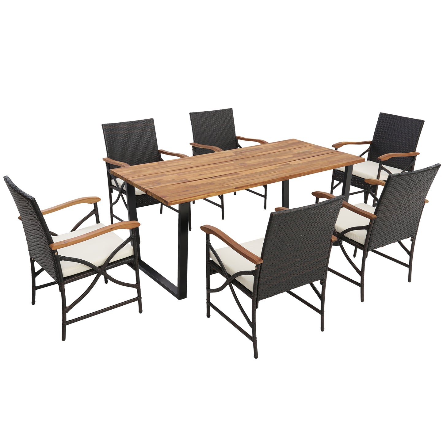 Acacia Wood Table and 6 Wicker Chairs with Umbrella Hole-X-side Handrail