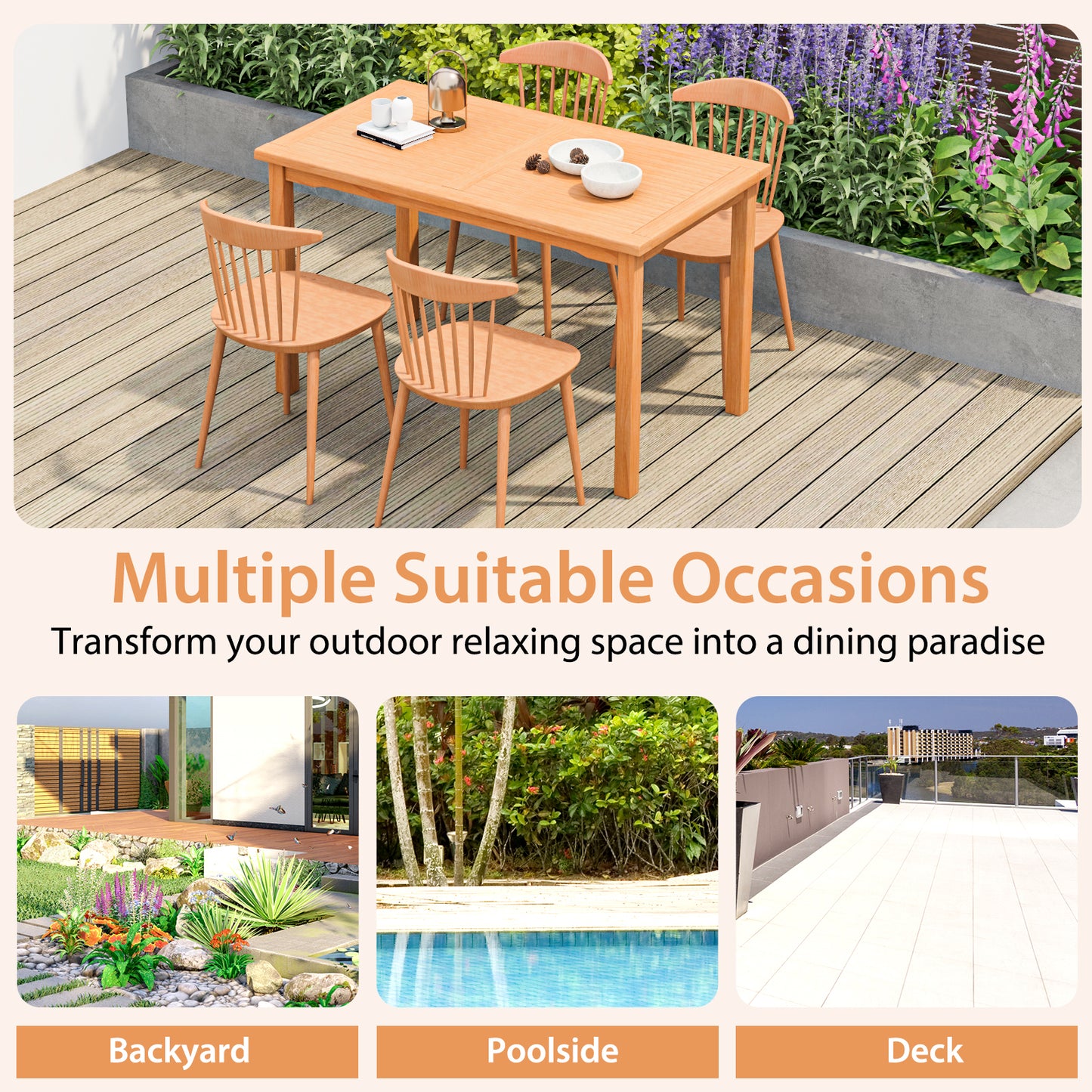 49 Inch Rectangle Patio Indonesia Teak Wood Dining Table with Slatted Tabletop Up to 6