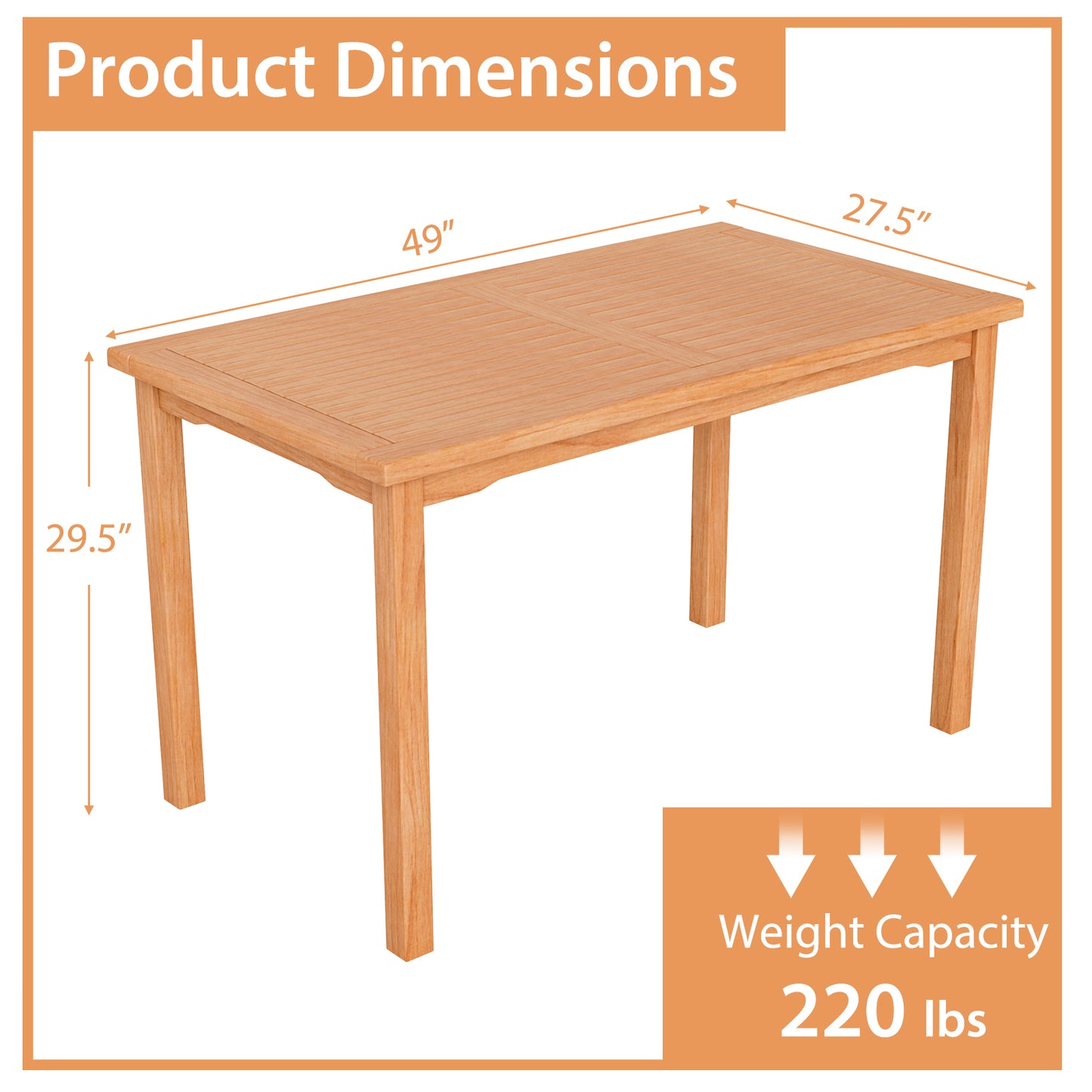 49 Inch Rectangle Patio Indonesia Teak Wood Dining Table with Slatted Tabletop Up to 6
