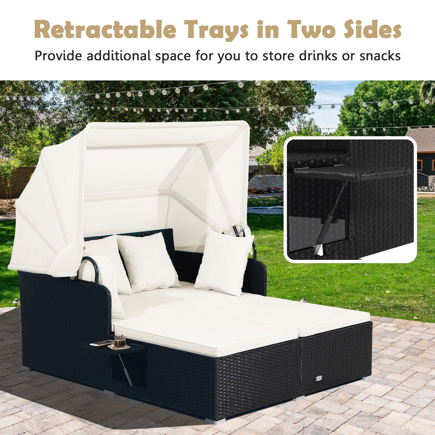 Patio Rattan Daybed with Retractable Canopy and Side Tables-Off White