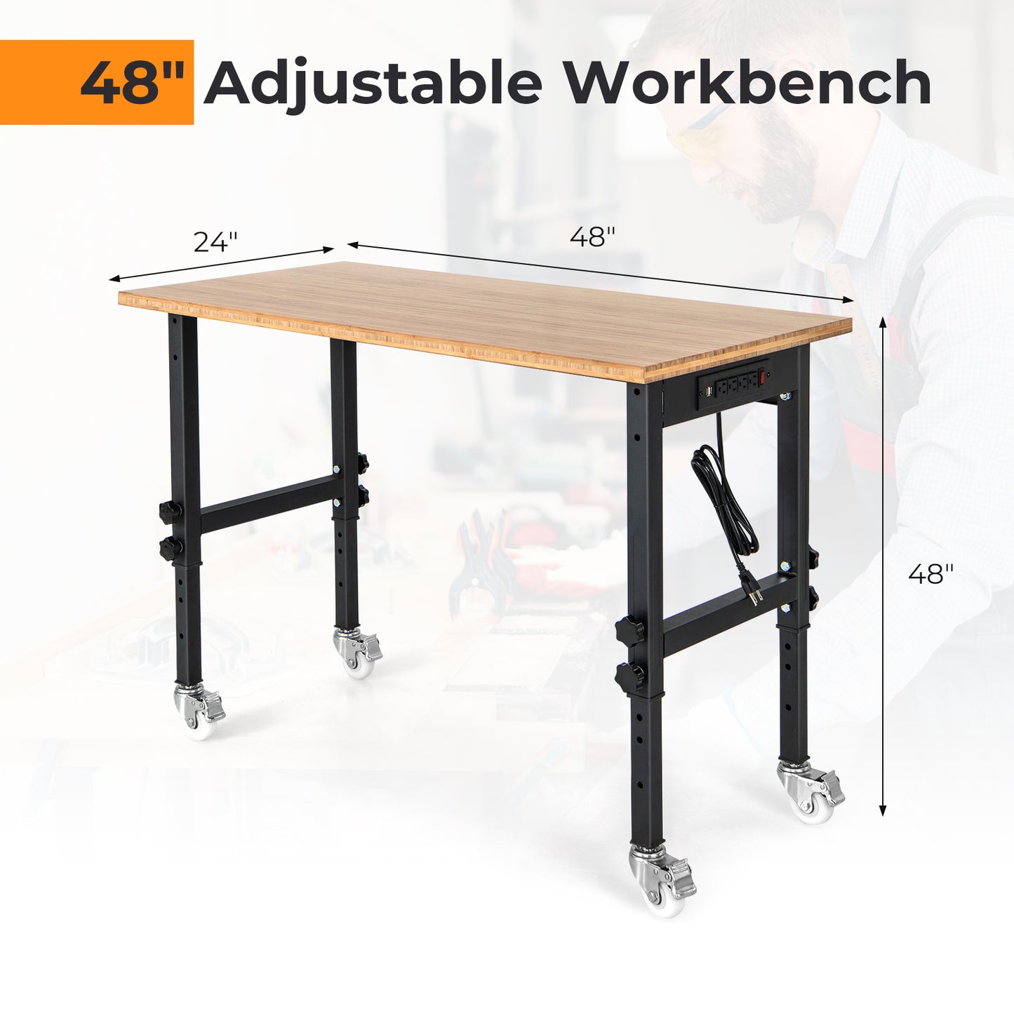 48" x 24" Adjustable Height Mobile Workbench with Caster-Natural