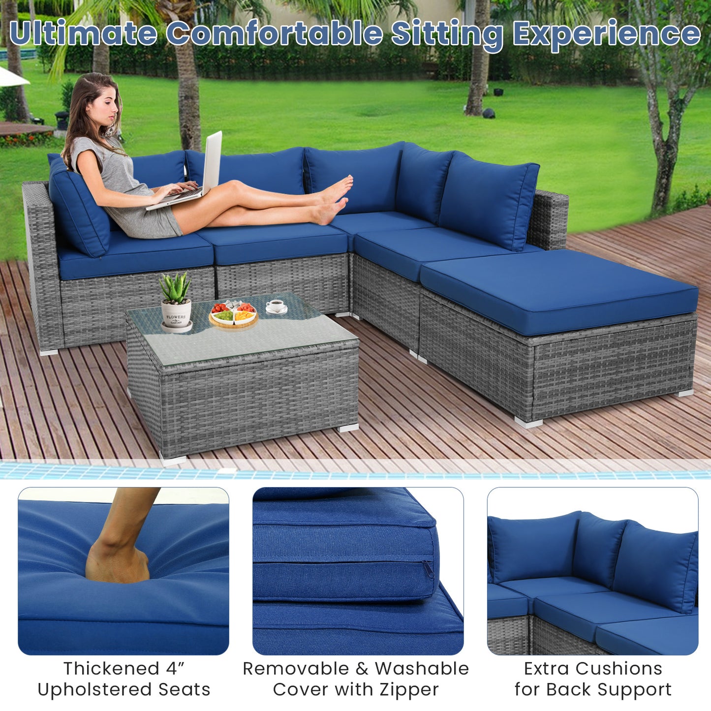6 Pieces Outdoor Rattan Sofa Set with Seat and Back Cushions-Navy