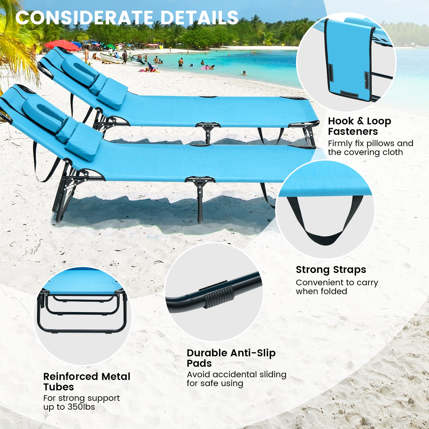 Beach Chaise Lounge Chair with Face Hole and Removable Pillow-Turquoise
