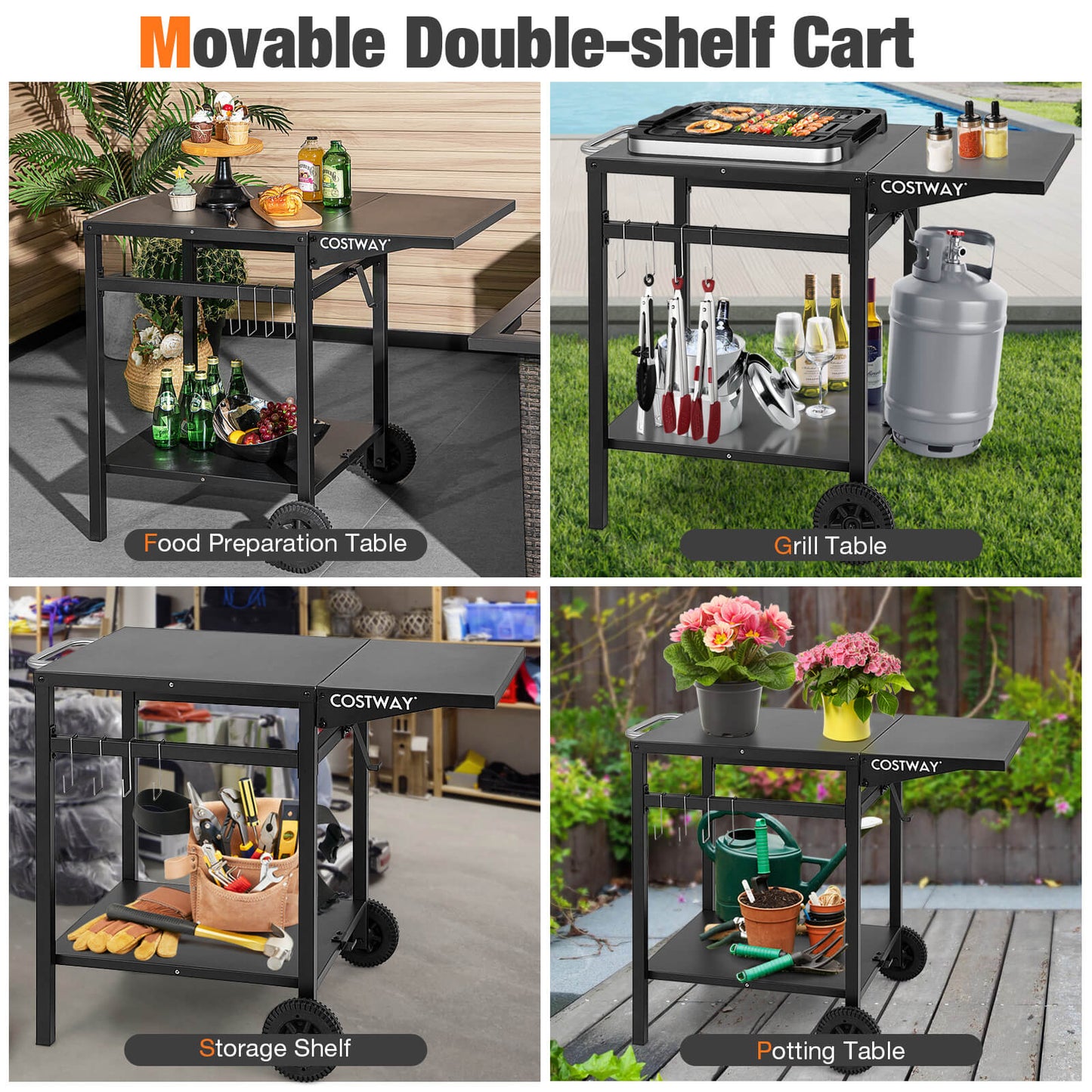 Movable Outdoor Grill Cart with Folding Tabletop and Hooks-Black