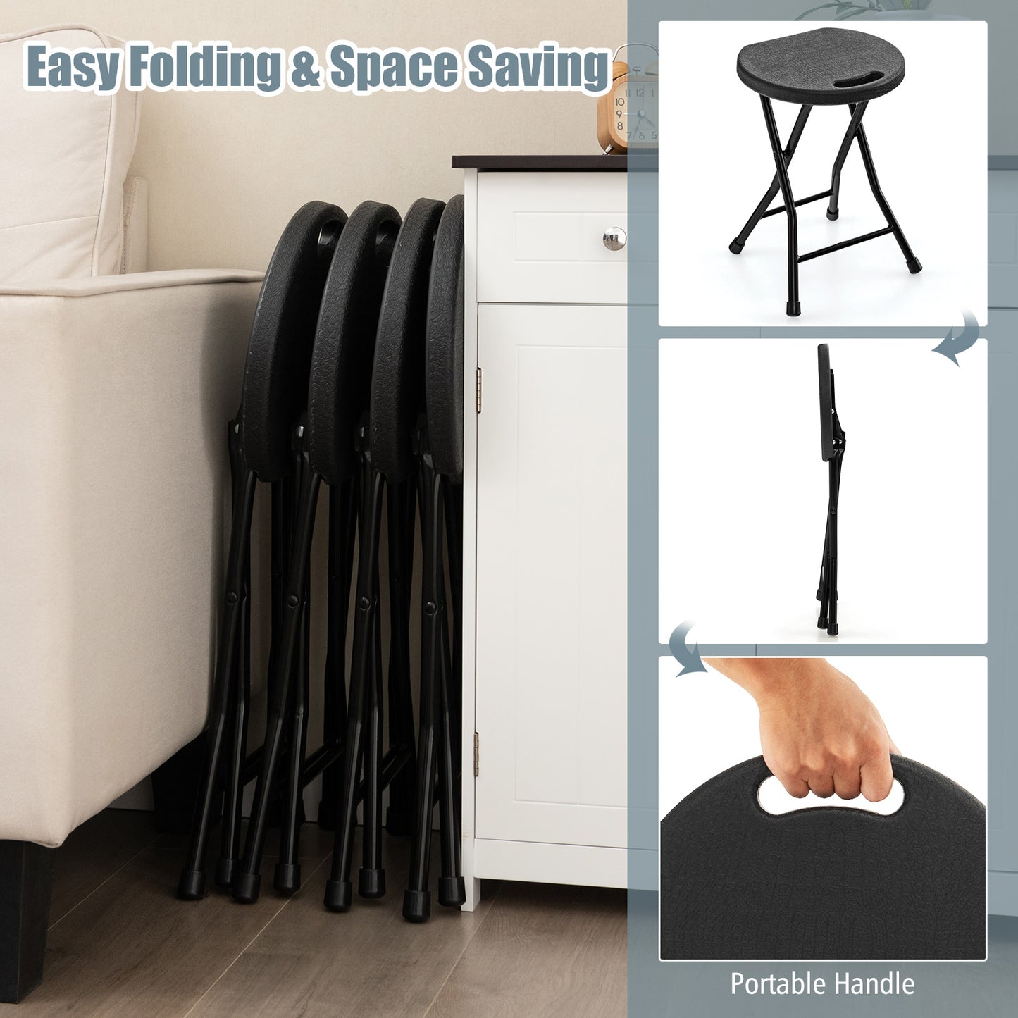 Set of 2 18 Inch Collapsible Round Stools with Handle-Black