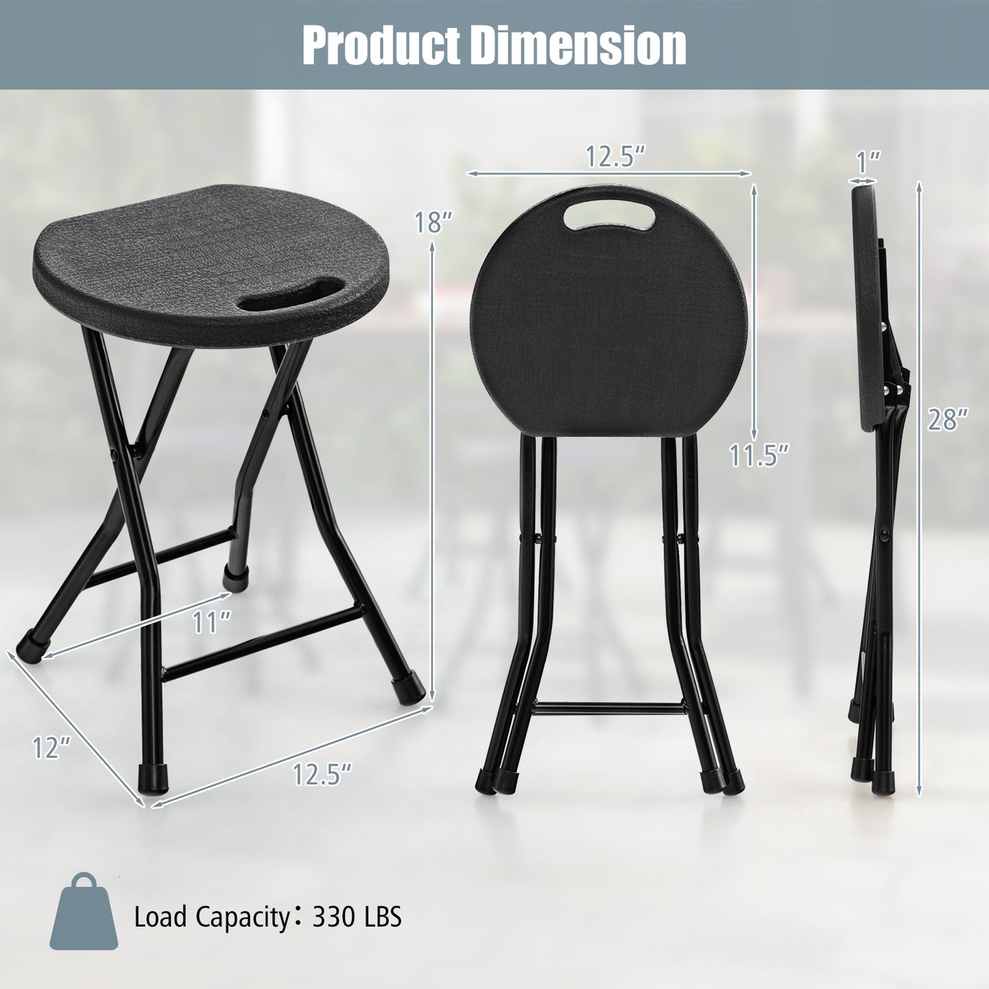 Set of 2 18 Inch Collapsible Round Stools with Handle-Black